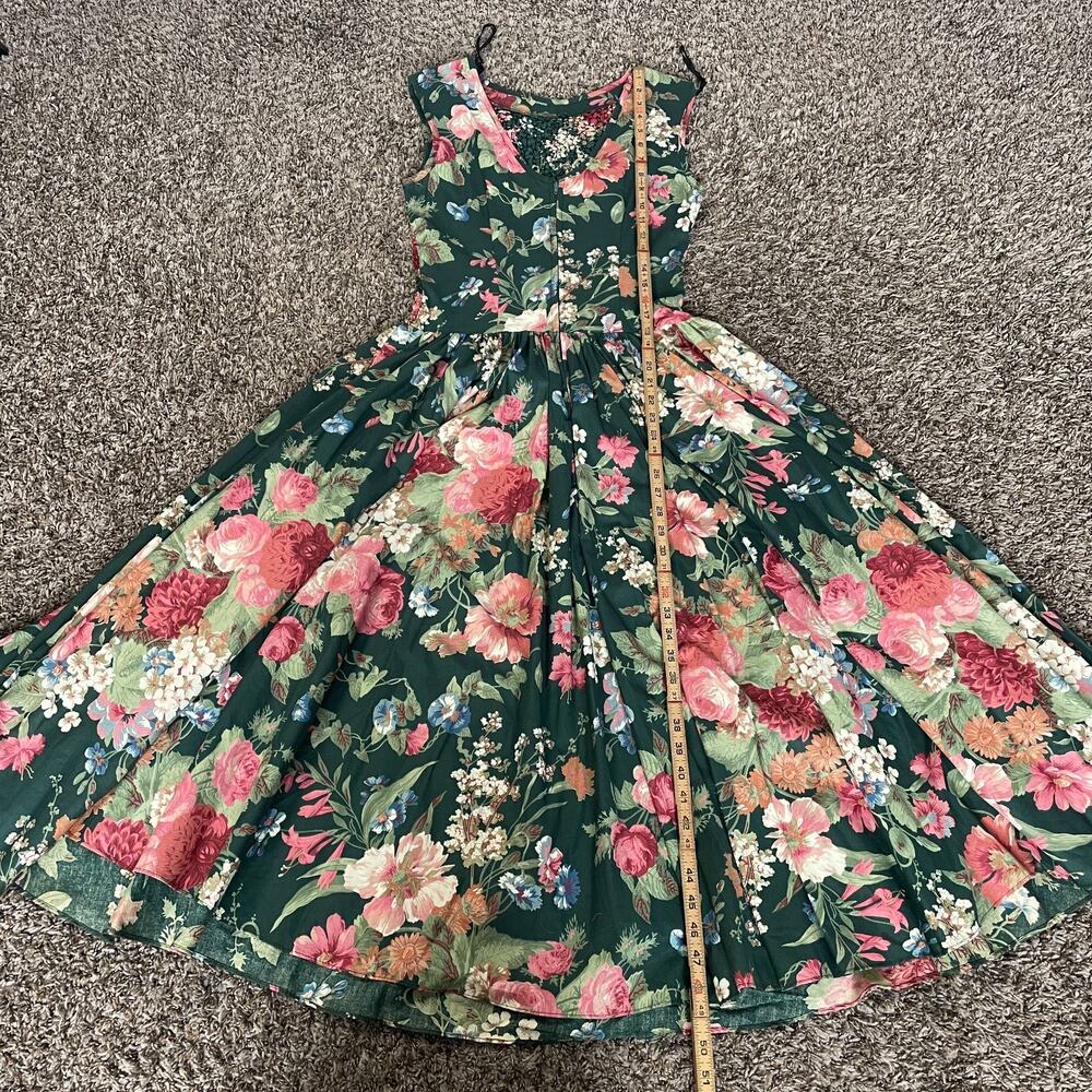 Vintage Midi Dress Size 10 Green Pink Floral Botanical Garden Spring Romantic - Picture 14 of 16